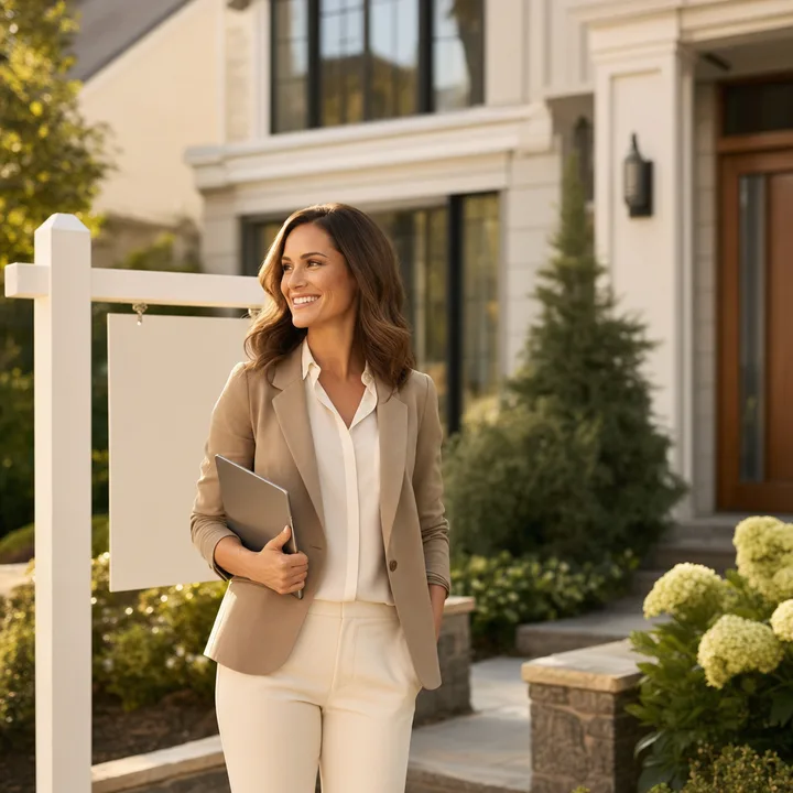Real estate agent with For Sale sign in front of a home